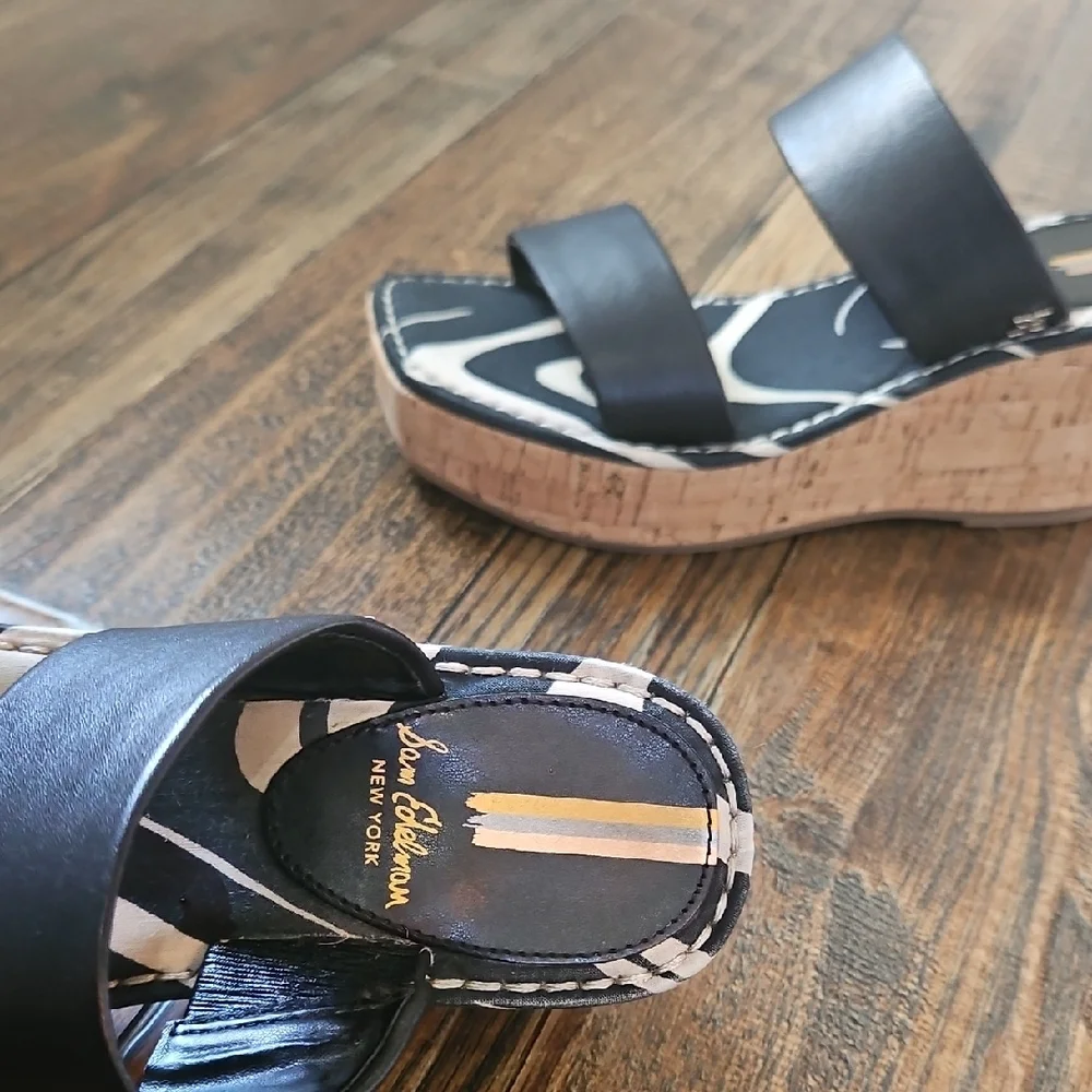 Sam Edelman Alissa Black ‎ and Tan Wedge Sandals